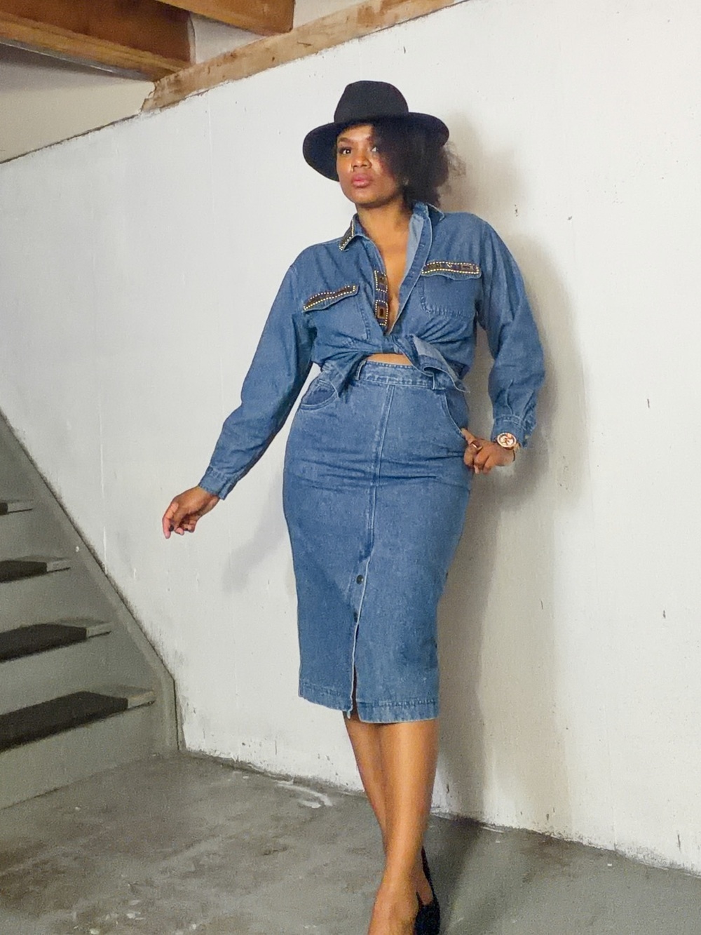 Vintage Cotton Jean Pencil Midi Skirt, S